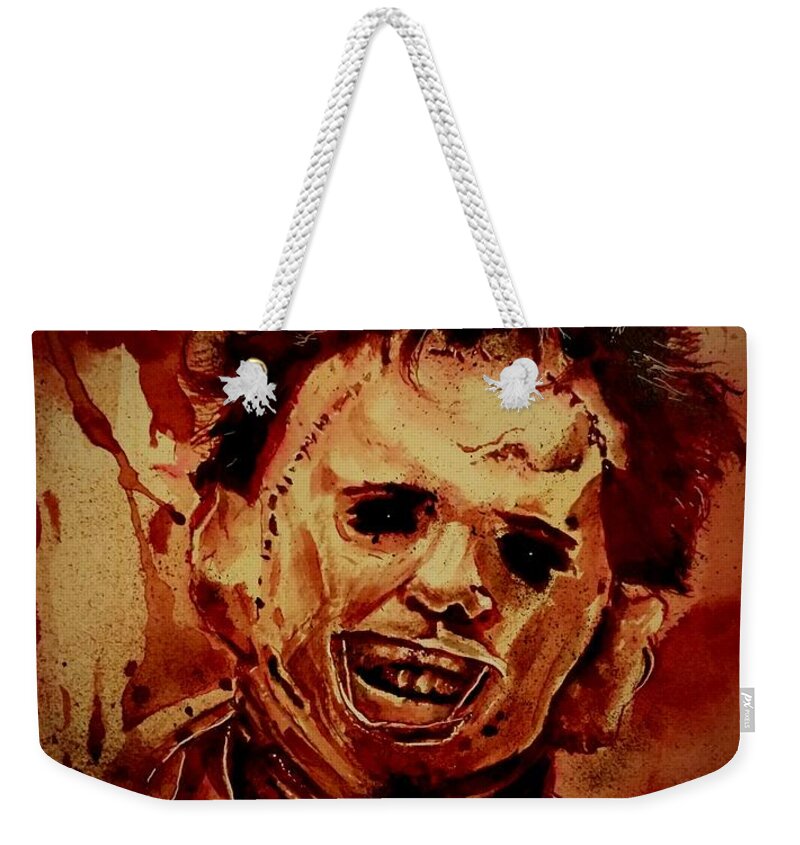 Ryanalmighty Weekender Tote Bag featuring the painting LEATHERFACE fresh blood by Ryan Almighty