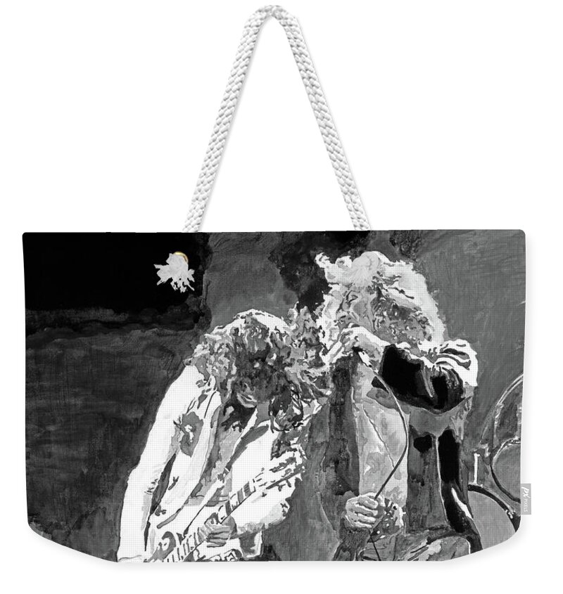 Led Zeppelin Weekender Tote Bag featuring the painting Led Zep The Gods Of Rock by David Lloyd Glover