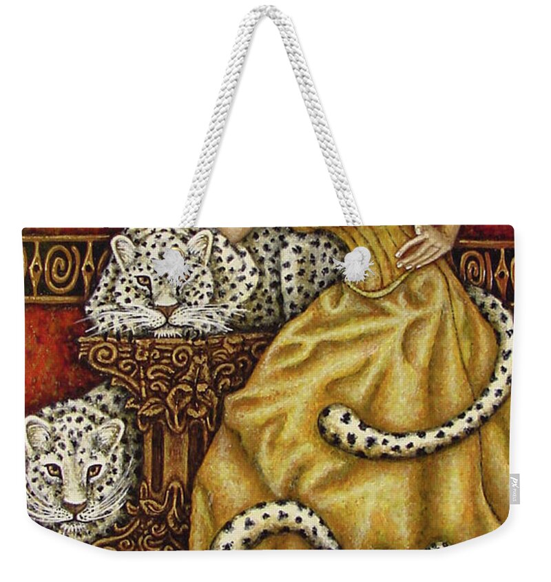 Cat Lady Weekender Tote Bag featuring the painting Leopard's Lair by Amy E Fraser