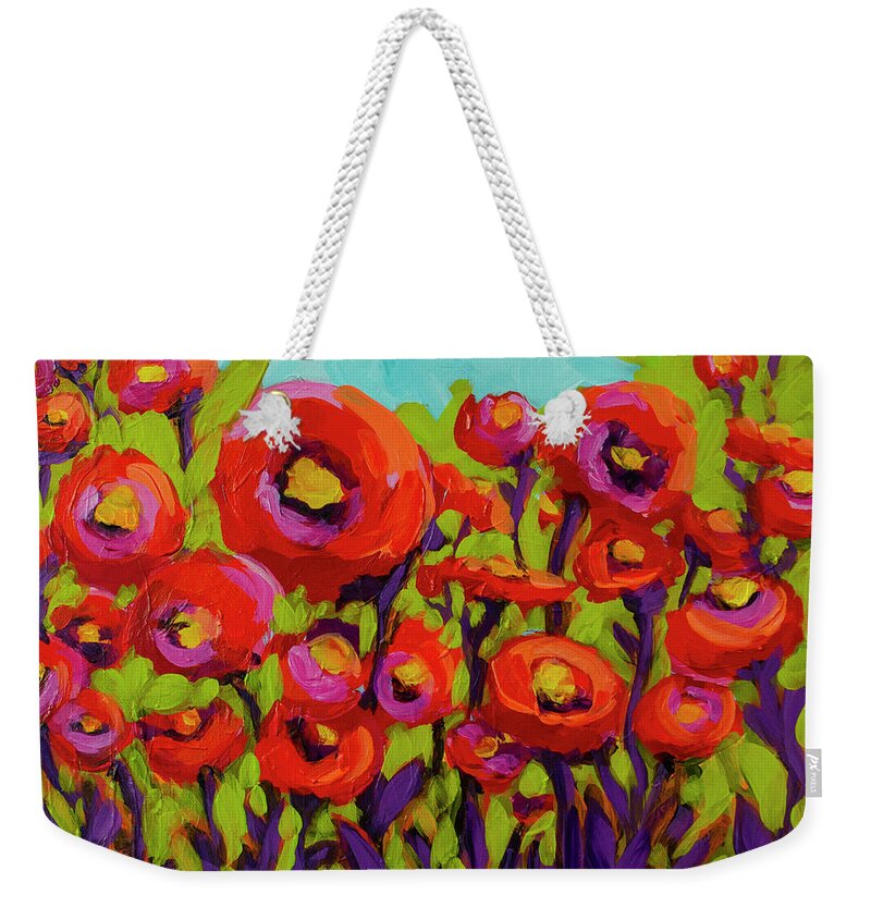 Vibrant Artwork Weekender Tote Bag featuring the painting Let's Play together - Vibrant Poppy Field Artwork by Patricia Awapara