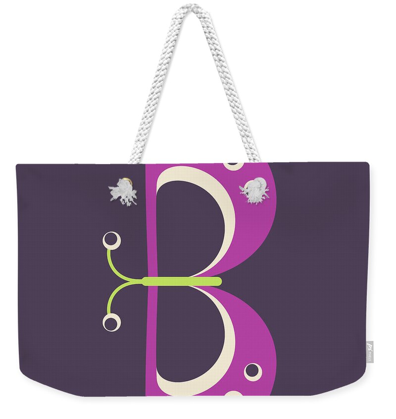 Animal Alphabet Weekender Tote Bag featuring the digital art Letter B - Animal Alphabet - Butterfly Monogram by Jen Montgomery