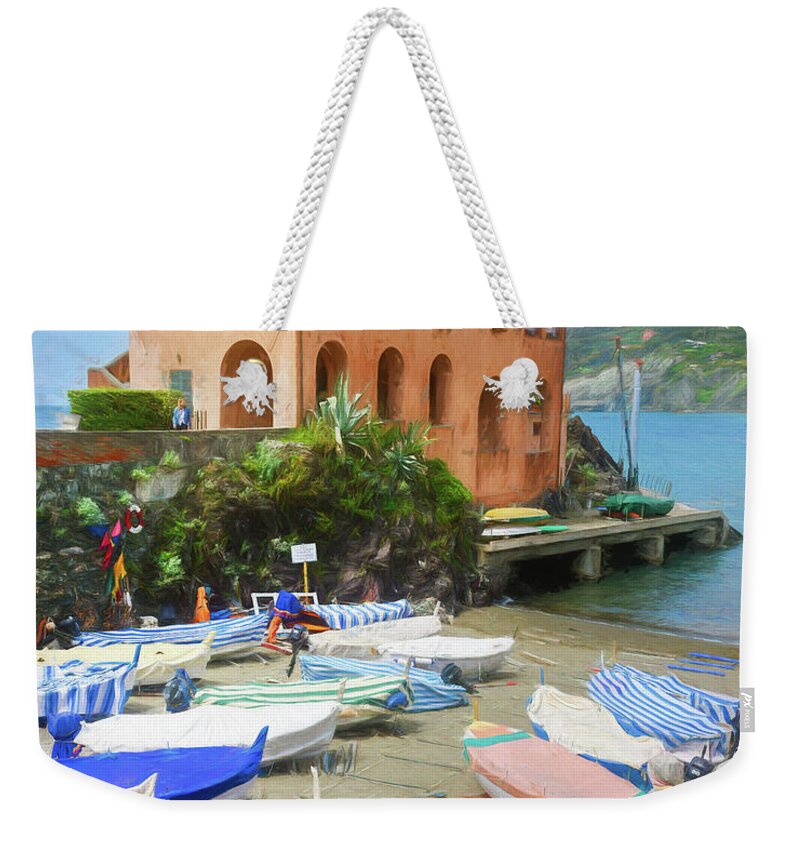 Joan Carroll Weekender Tote Bag featuring the photograph Levanto Boats Cinque Terre Italy Painterly by Joan Carroll