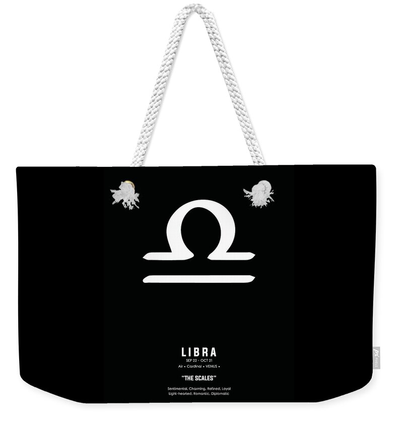 Libra Weekender Tote Bag featuring the mixed media Libra Print 2 - Zodiac Signs Print - Zodiac Posters - Libra Poster - Black and White - Libra Traits by Studio Grafiikka