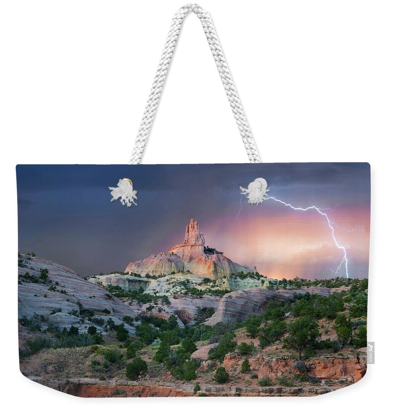 00563967 Weekender Tote Bag featuring the photograph Lightning At Church Rock, Red Rock State Park, New Mexico by Tim Fitzharris