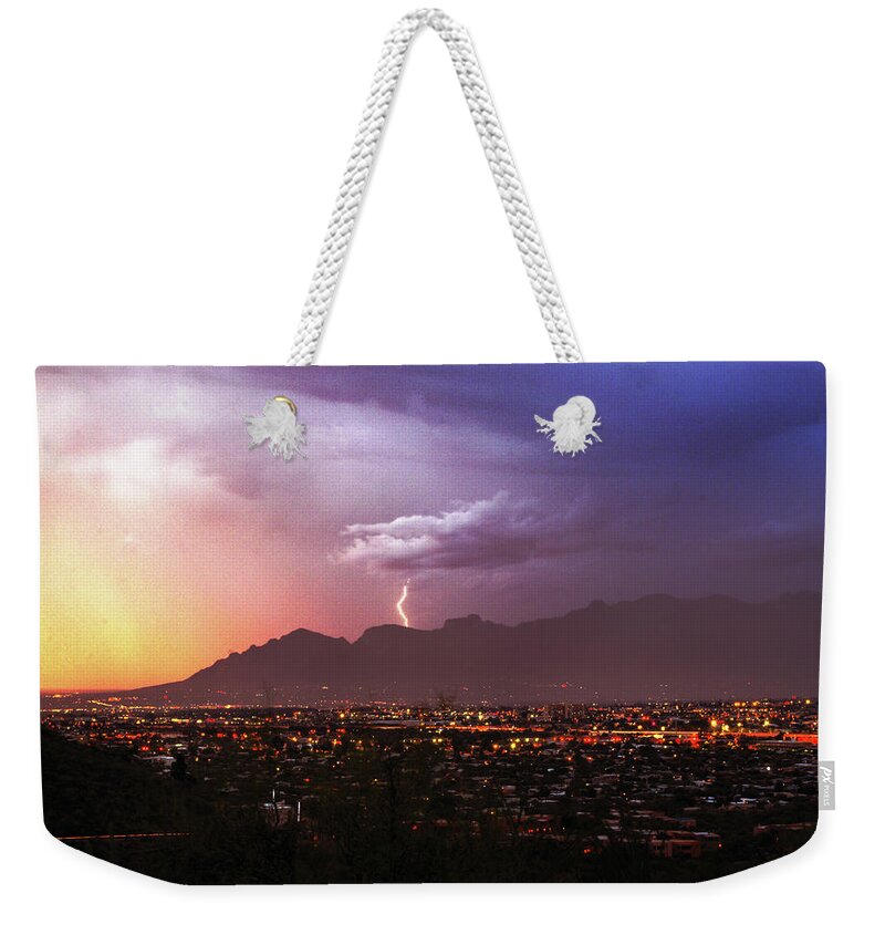 Lightning Weekender Tote Bag featuring the photograph Lightning bolt over the Santa Catalina Mountains and Tucson, Arizona by Chance Kafka