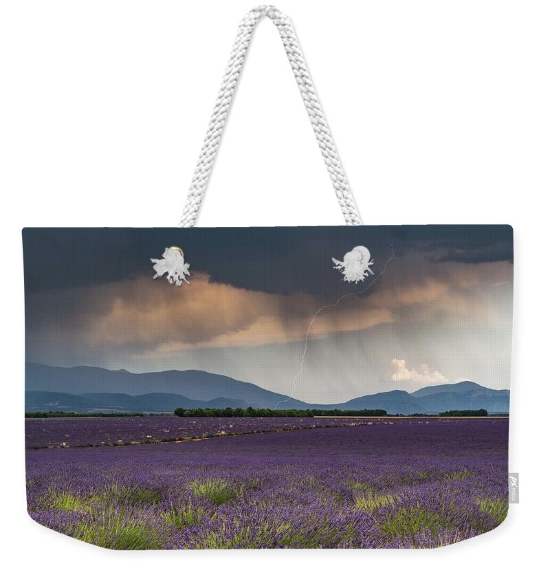 Lavender Fields Weekender Tote Bag featuring the photograph Lightning over Lavender Field by Rob Hemphill