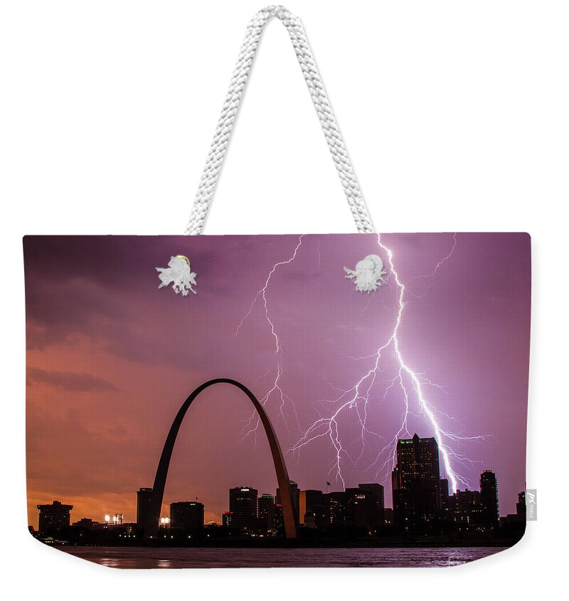 Lightning Weekender Tote Bag featuring the photograph Lightning over the Gateway Arch by Garry McMichael