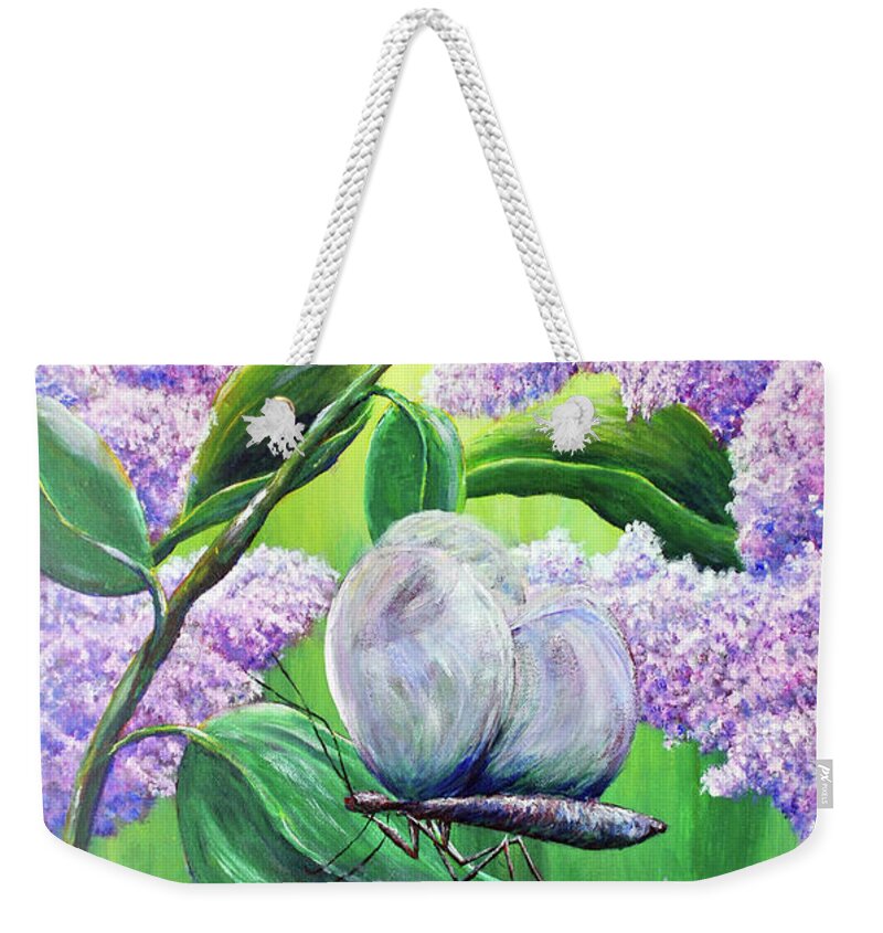 Lilac Weekender Tote Bag featuring the painting Lilac Blossom by Medea Ioseliani