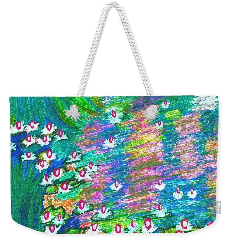 Original Drawing/painting Weekender Tote Bag featuring the drawing Lilies Of The Pond by Susan Schanerman