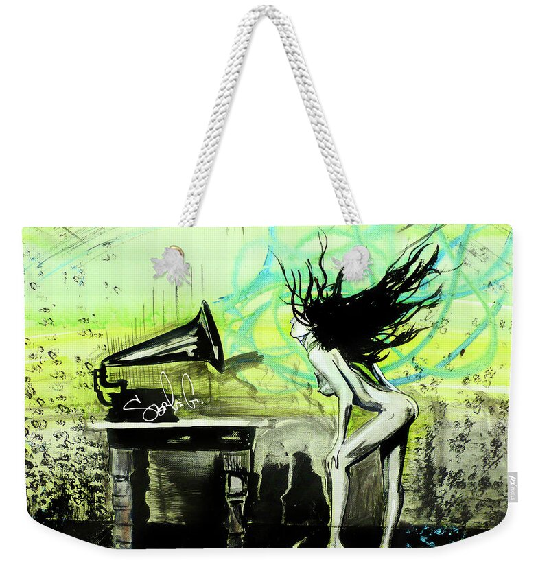 Woman Music Life Hair Lady Female Nude Beauty Beautiful Model Sexy Hair Feet Hands Ipod Headphones Recording Record Rustic B&w Black And White Green Abstract Weekender Tote Bag featuring the painting Listen To The Music by Sergio Gutierrez