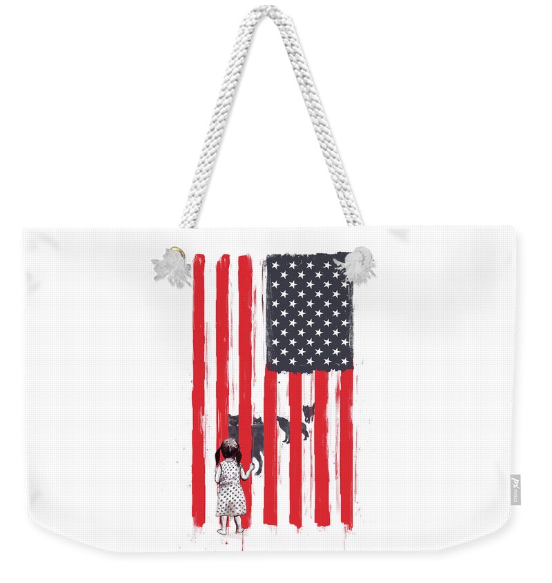 Usa Weekender Tote Bag featuring the painting Little girl and wolves by Balazs Solti