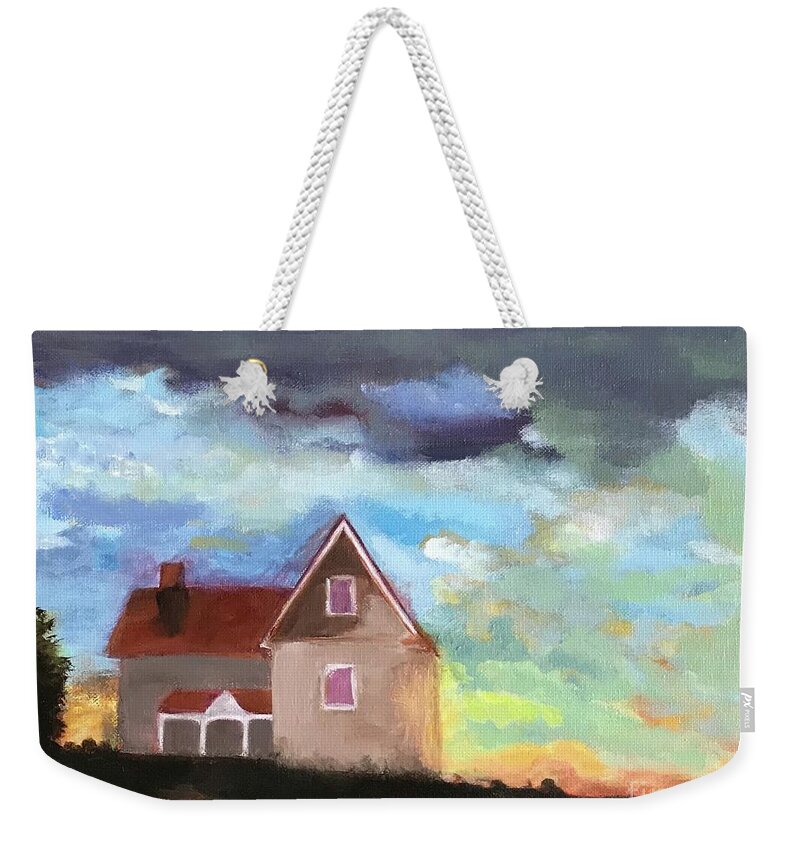 Original Art Work Weekender Tote Bag featuring the painting Little House On A Hill by Theresa Honeycheck