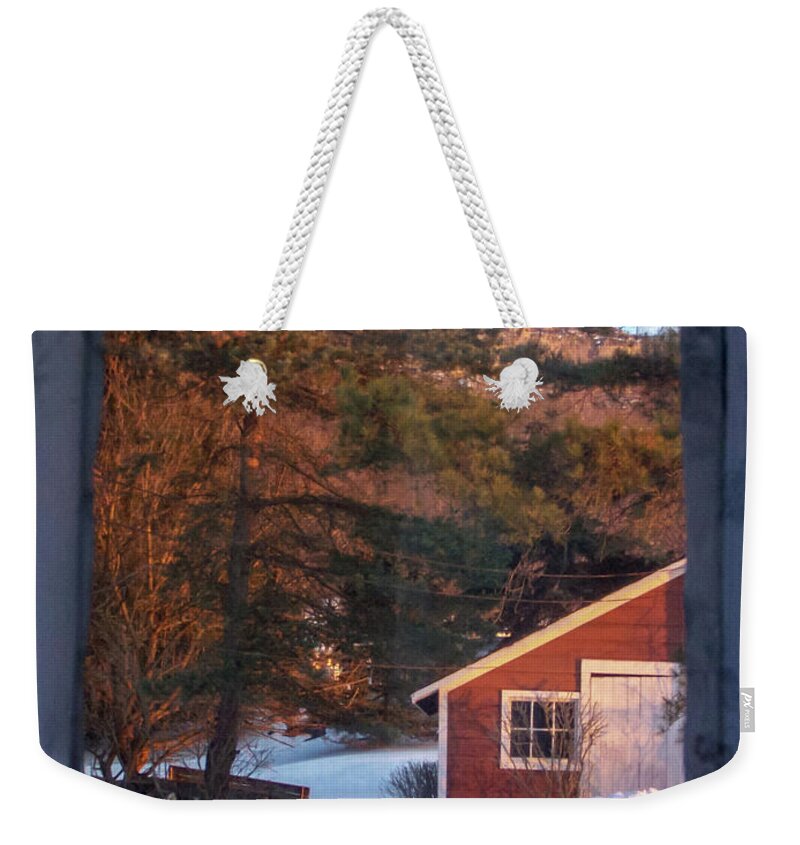 Snow Weekender Tote Bag featuring the photograph Little Red Shed by Chuck Shafer