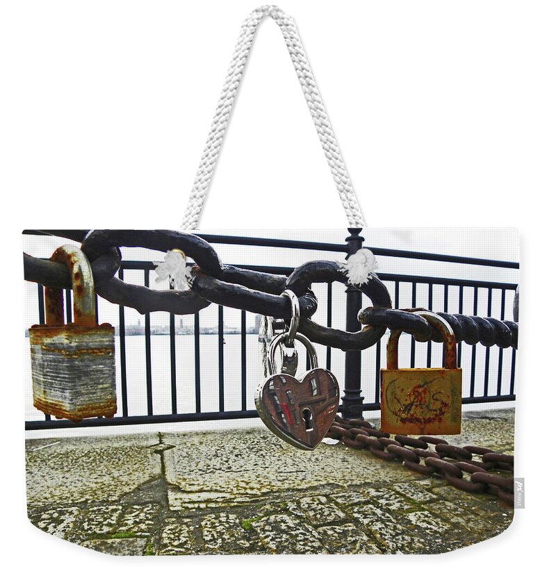 Liverpool Weekender Tote Bag featuring the photograph LIVERPOOL. The Albert Dock. Eternal Love. by Lachlan Main