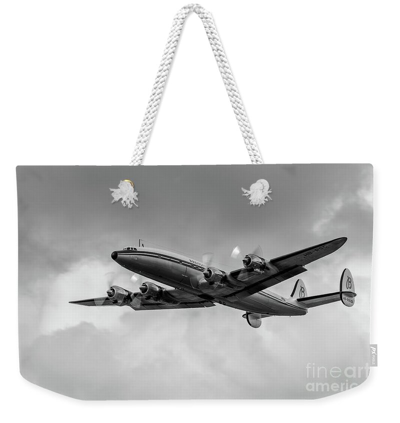 Lockheed Constellation Connie B&w Weekender Tote Bag featuring the photograph Lockheed Breitling Super Constellation by Andy Myatt