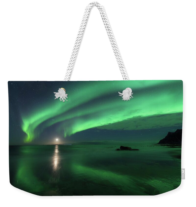 Starry Weekender Tote Bag featuring the photograph Lofoten Island Aurora Beach Reflections by Tibor Vari