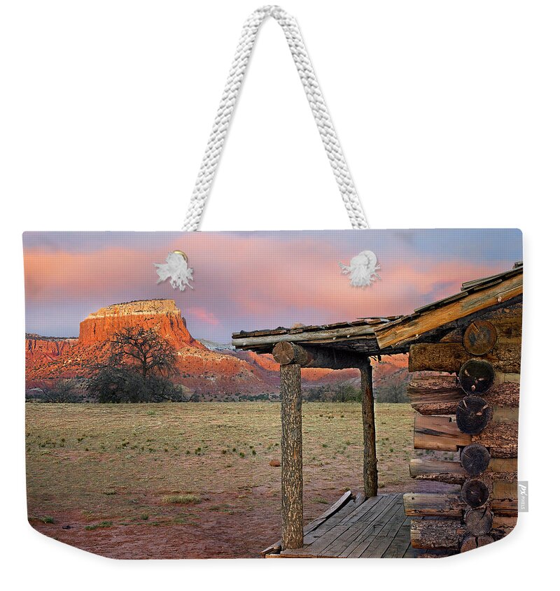 00586268 Weekender Tote Bag featuring the photograph Log Cabin, Kitchen Mesa, Ghost Ranch, New Mexico by Tim Fitzharris