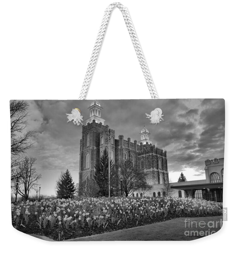Logan Temple Weekender Tote Bag featuring the photograph Logan Temple Sunset Black And White by Adam Jewell