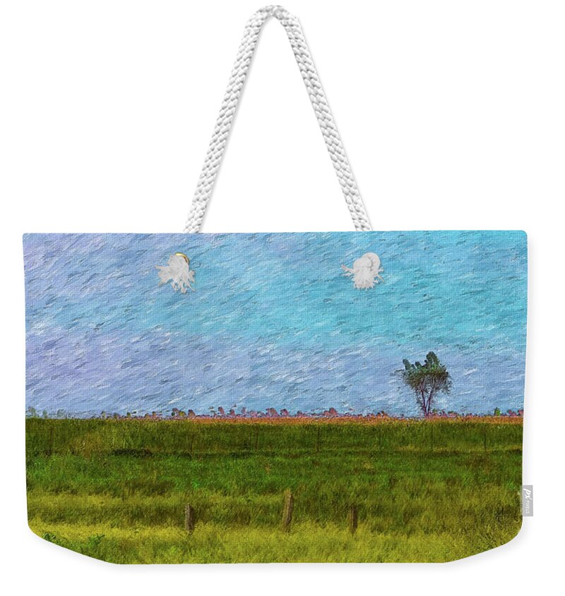 Tree Weekender Tote Bag featuring the mixed media Lonely Tree Pano Painterly by Jennifer White