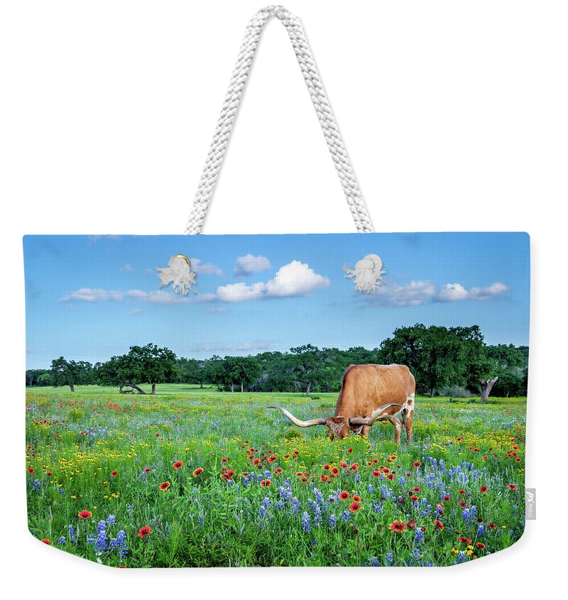 Texas Wildflowers Weekender Tote Bag featuring the photograph Longhorn In Bluebonnets by Johnny Boyd