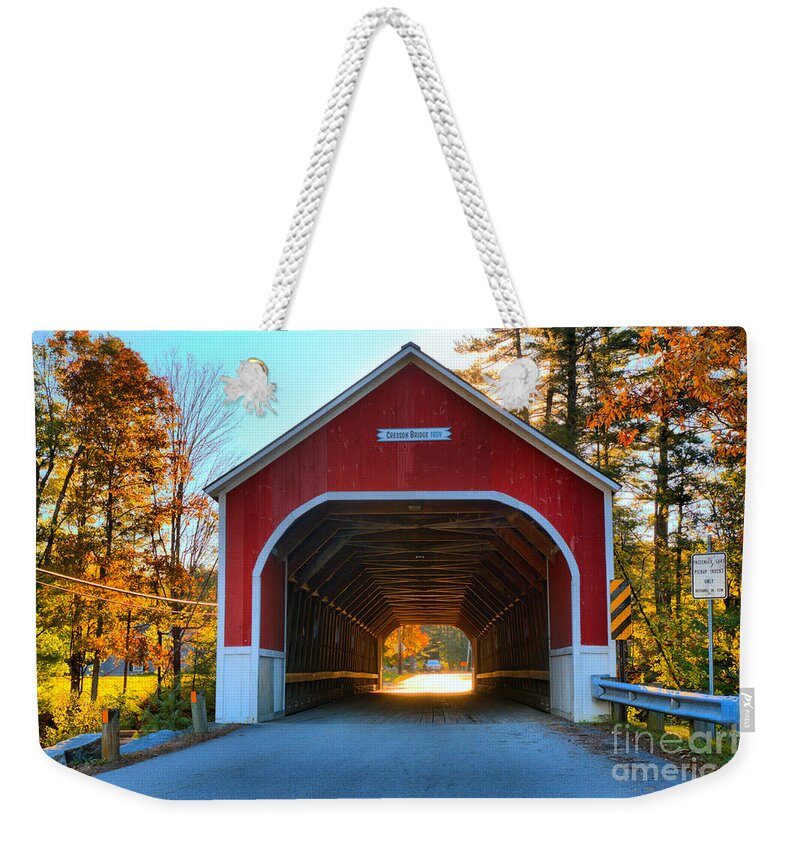 Cresson Covered Bridge Weekender Tote Bag featuring the photograph Looking Into The Cresson Covered Bridge by Adam Jewell