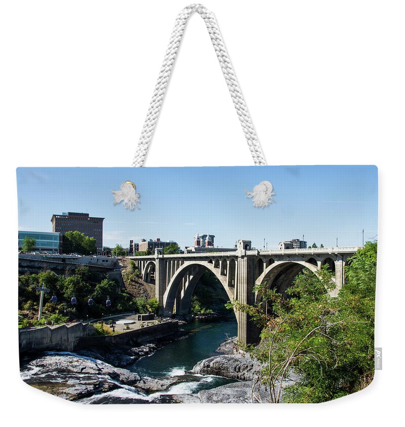 Lower Falls And Monroe Street Bridge Weekender Tote Bag featuring the photograph Lower Falls and Monroe Street Bridge by Tom Cochran