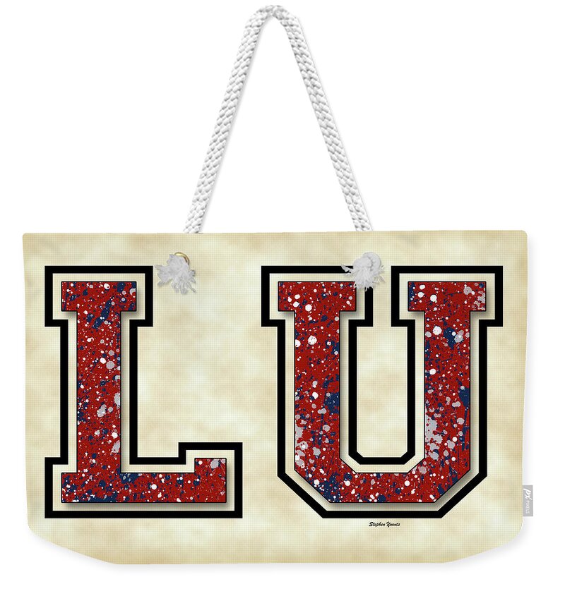 Lu Weekender Tote Bag featuring the digital art LU - Liberty University - Parchment by Stephen Younts
