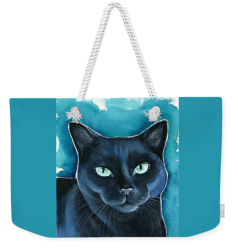 Cat Weekender Tote Bag featuring the painting Lucy Black Cat Painting by Dora Hathazi Mendes