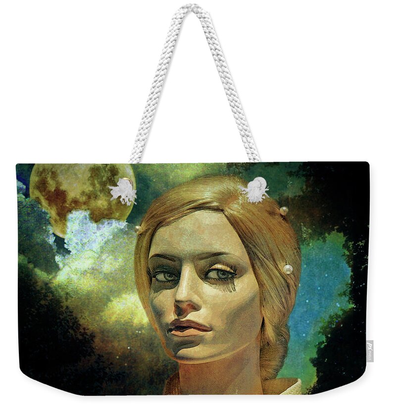 Staley Weekender Tote Bag featuring the mixed media Luna in the Garden of Evil by Chuck Staley