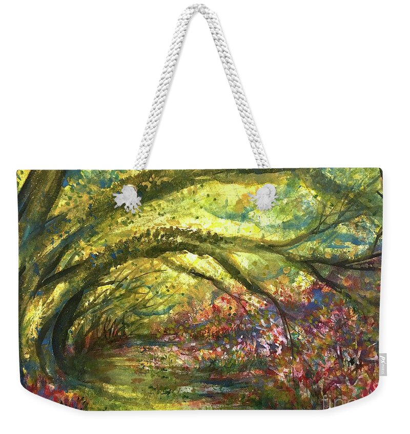 Impressionistic Floral Landscape Louisiana Watercolor Abstract Impressionism Water Bayou Lake Verret Blue Set Design Iris Abstract Painting Abstract Landscape Purple Trees Fishing Painting Bayou Scene Cypress Trees Swamp Bloom Elegant Flower Watercolor Coastal Bird Water Bird Interior Design Imaginative Landscape Oak Tree Louisiana Abstract Impressionism Set Design Fort Worth Texas Weekender Tote Bag featuring the painting LusciousPath by Francelle Theriot