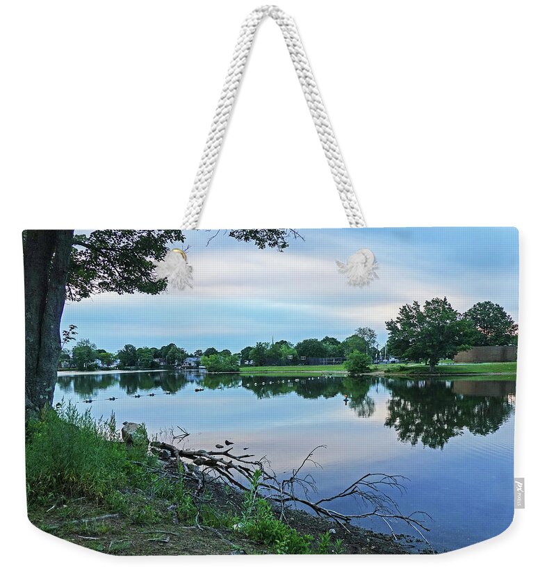Lynn Weekender Tote Bag featuring the photograph Lynn MA Flax Pond Sunrise Clouds by Toby McGuire