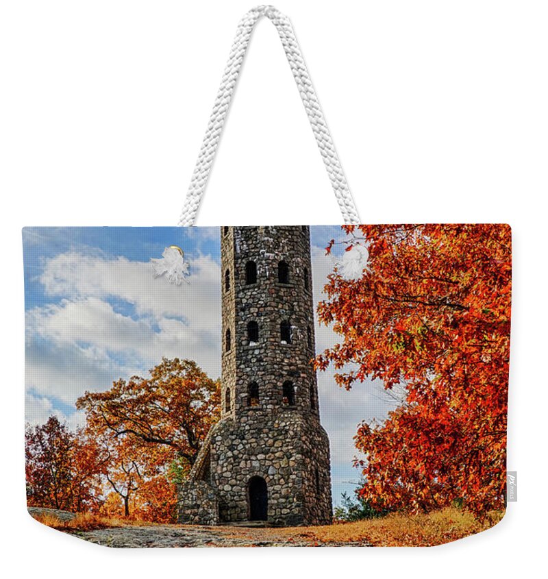 Lynn Weekender Tote Bag featuring the photograph Lynn Woods Stone Tower Fall Foliage Lynn Massachusetts by Toby McGuire