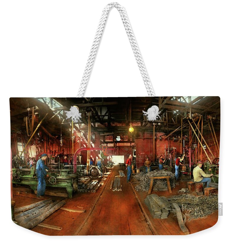 Machinist Weekender Tote Bag featuring the photograph Machinist - Pumping out parts 1905 by Mike Savad