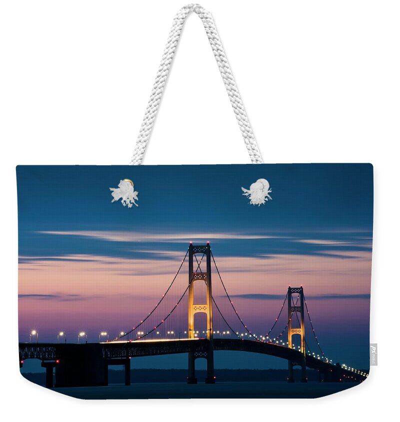 Michigan Weekender Tote Bag featuring the photograph Mackinac Bridge by Doug4537