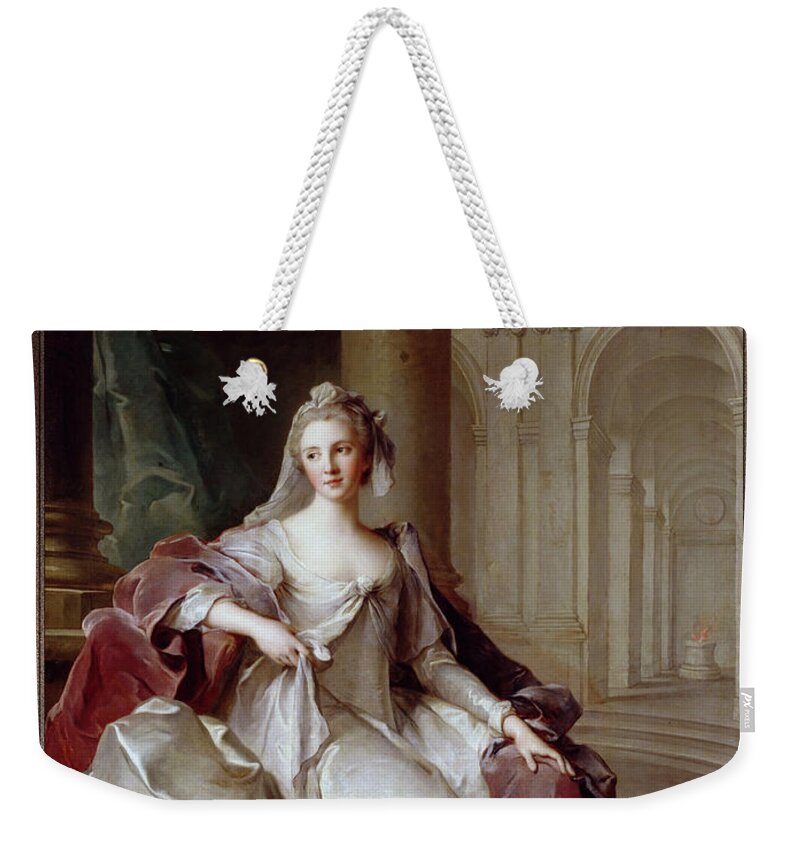 Madame Henriette De France Weekender Tote Bag featuring the painting Madame Henriette de France as a Vestal Virgin by Jean Marc Nattier by Rolando Burbon