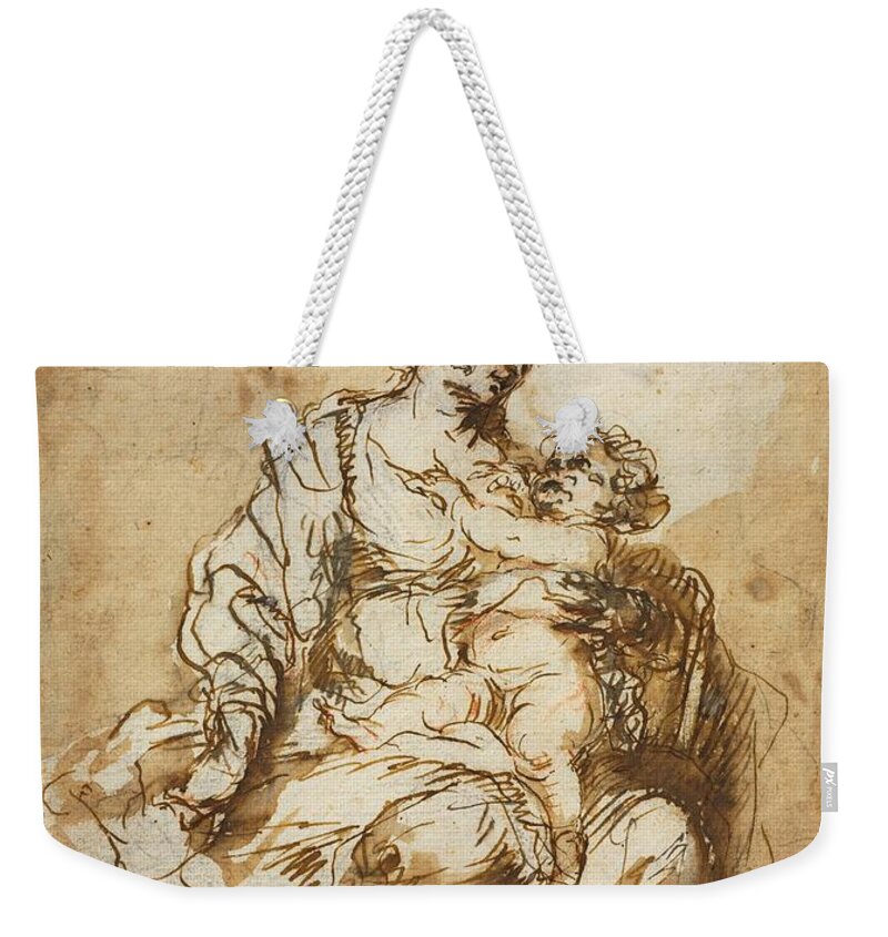 Bartolome Esteban Murillo Weekender Tote Bag featuring the painting 'Madonna Nursing the Christ Child', c. 1670, Pen and ink, 24,1 x 18,5... by Bartolome Esteban Murillo -1611-1682-