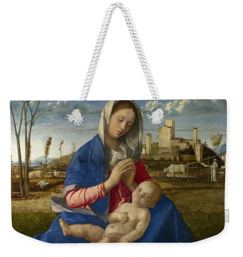 Child Jesus Weekender Tote Bag featuring the painting Madonna of the Meadow. Oil on canvas, transferred from wood, 1505. 67,3 x 86,4 cm. GIOVANNI BELLINI. by Giovanni Bellini -1430-1516-