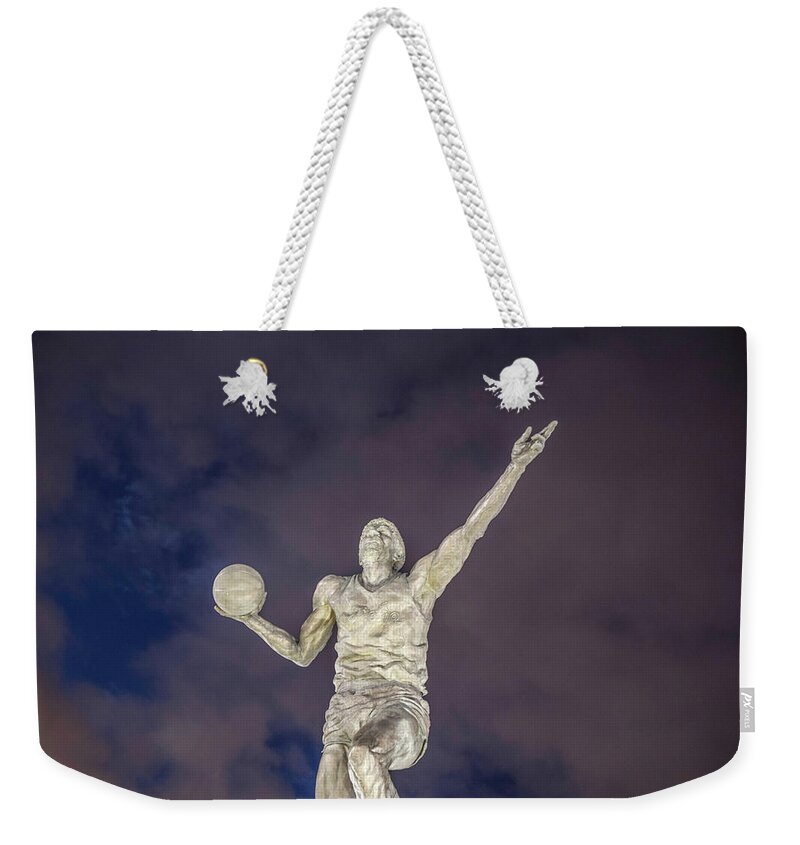 Magic Weekender Tote Bag featuring the photograph Magic Johnson Statue at Blue Hour by John McGraw