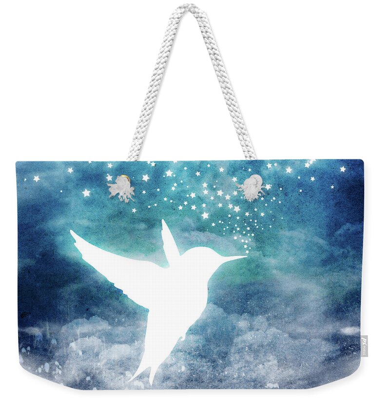 Hummingbird Weekender Tote Bag featuring the digital art Magical, Whimsical Spirit Hummingbird Drinking Stars by Laura Ostrowski