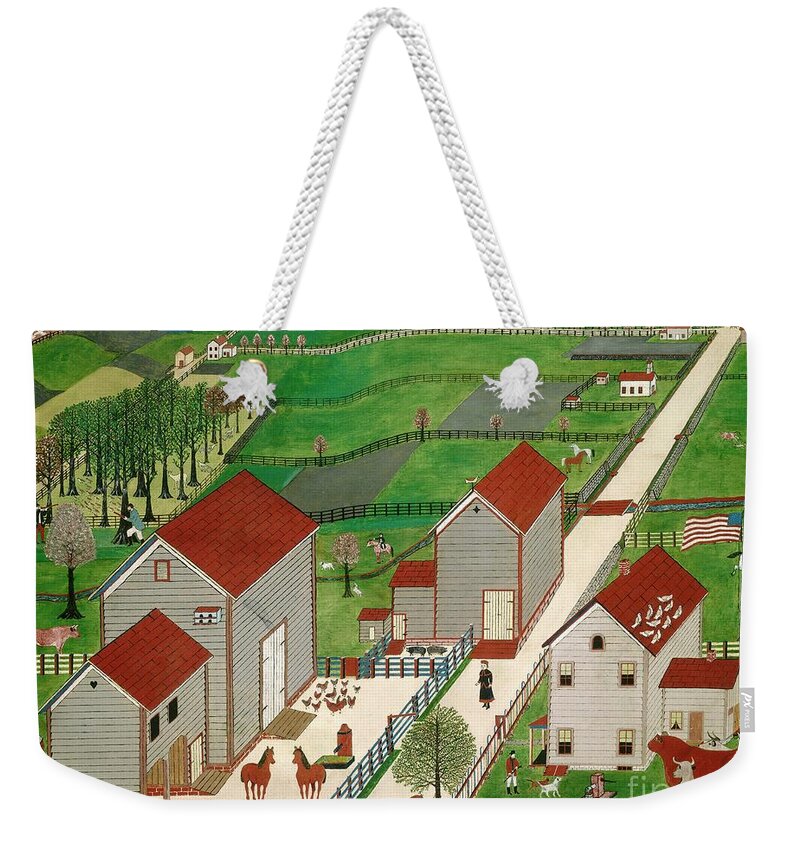 American School Weekender Tote Bag featuring the painting Mahantango Valley Farm, Late 19th Century (oil On Window Shade) by American School
