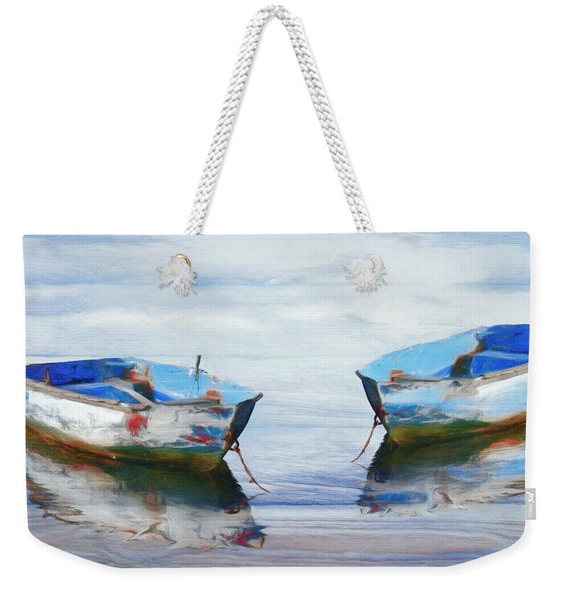 Boats Weekender Tote Bag featuring the photograph Make it a Double Watercolors Painting with Wood Textures by Debra and Dave Vanderlaan