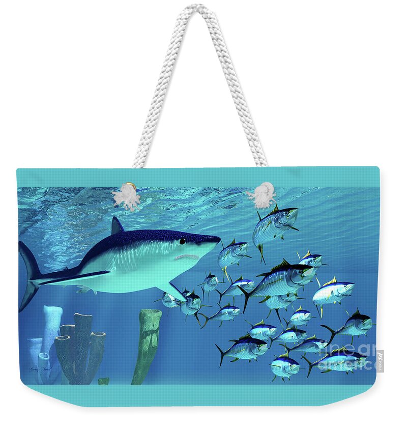 Maco Shark Weekender Tote Bag featuring the digital art Mako Shark after Yellowfin Tuna by Corey Ford