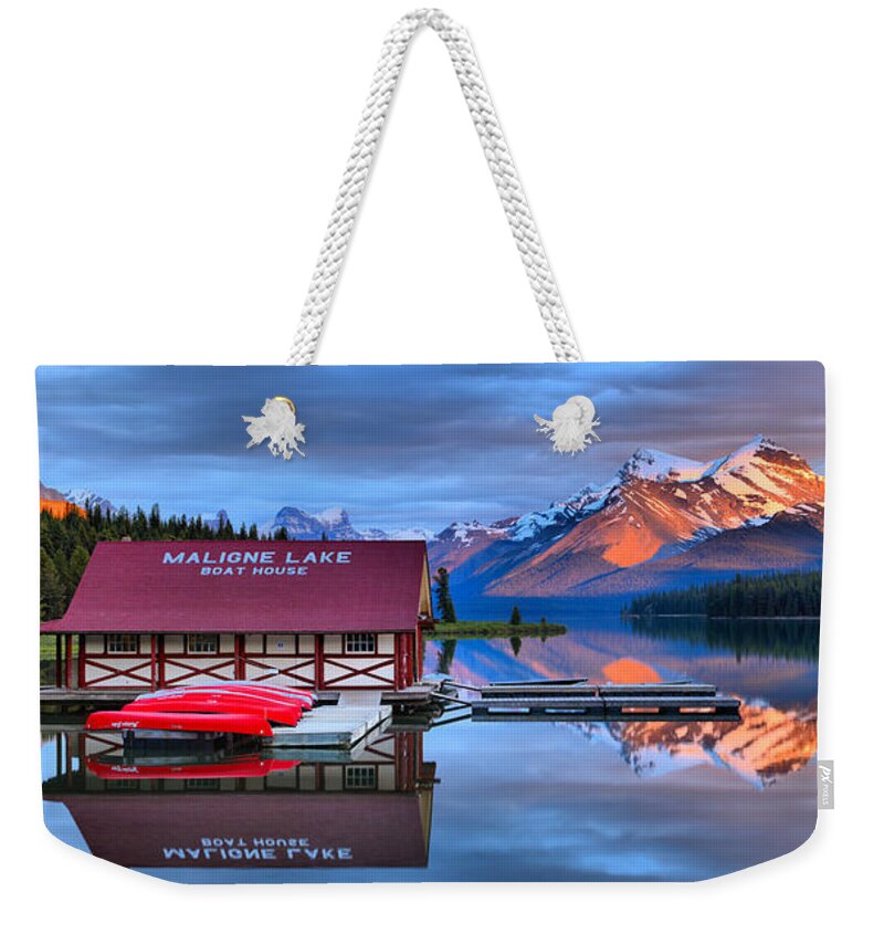 Maligne Lake Weekender Tote Bag featuring the photograph Maligne Lake Sunset Spectacular by Adam Jewell
