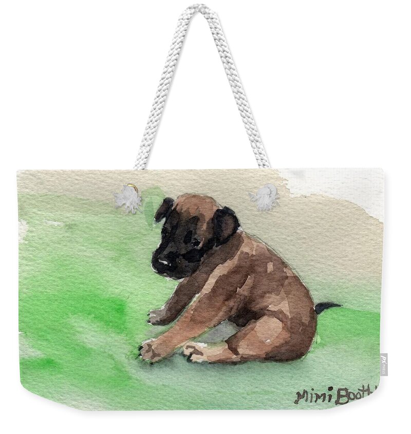 Baby Puppy Weekender Tote Bag featuring the painting Malinois Pup 3 by Mimi Boothby