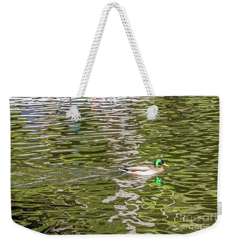 Mallard Weekender Tote Bag featuring the photograph Mallard Reflected with Boat by Kate Brown