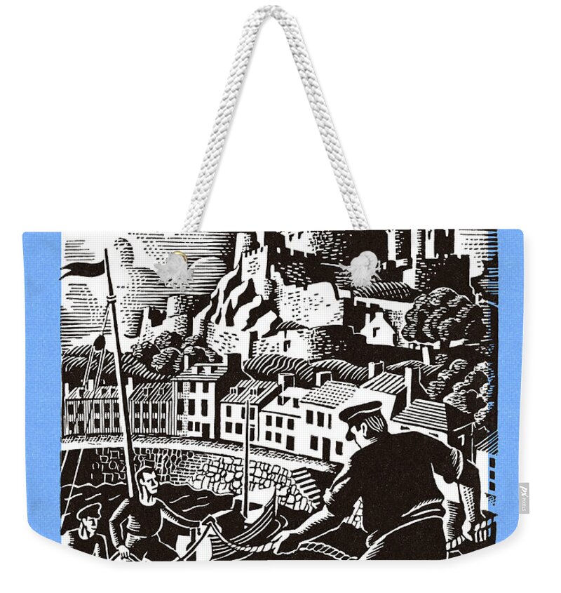 Activity Weekender Tote Bag featuring the drawing Man Pulling Ship to Shore at Port City by CSA Images