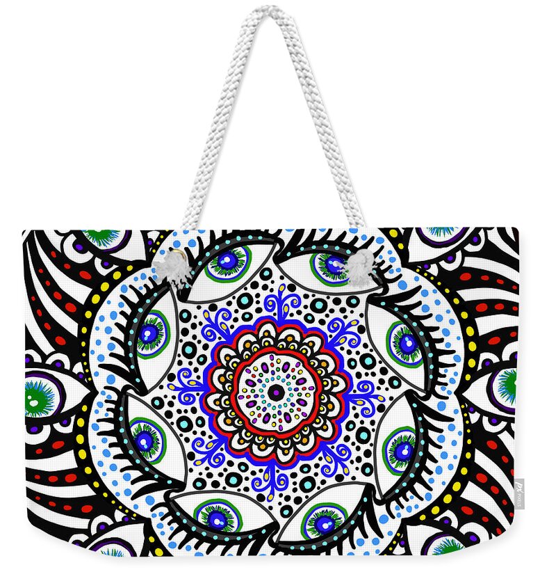 Mandala Weekender Tote Bag featuring the drawing Mandala Eyes by Patricia Piotrak