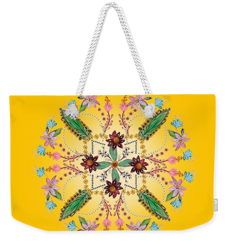 Mandala Weekender Tote Bag featuring the digital art Mandala flowering series #1. Yellow by Elena Kotliarker