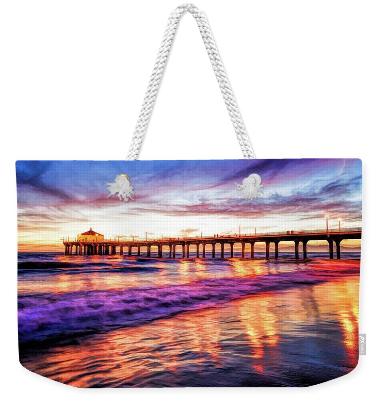 Manhattan Beach Weekender Tote Bag featuring the painting Manhattan Beach Pier Sunset by Christopher Arndt