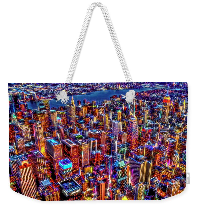 Aerial View Weekender Tote Bag featuring the photograph Manhattan NYC Electrifying Pulse by Susan Candelario